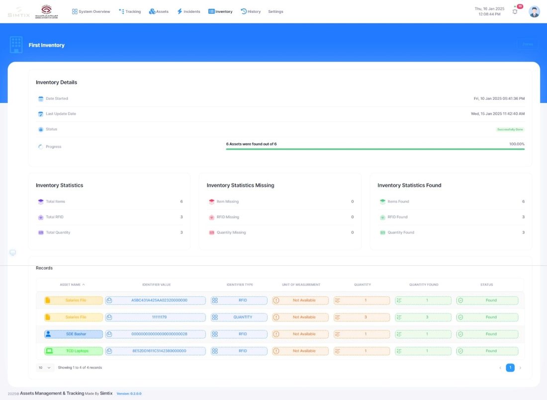 SFG inventory operation view with tagged item records