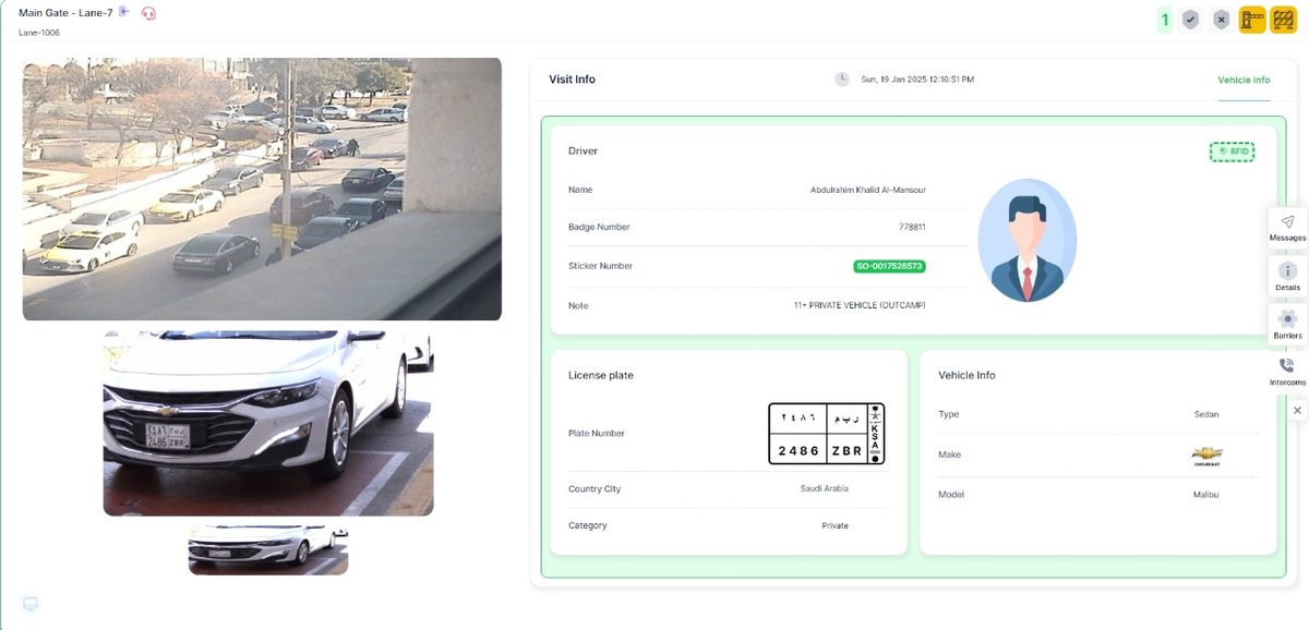 SPG gate-lane view: live camera, driver and RFID details, license plate, and vehicle make and model